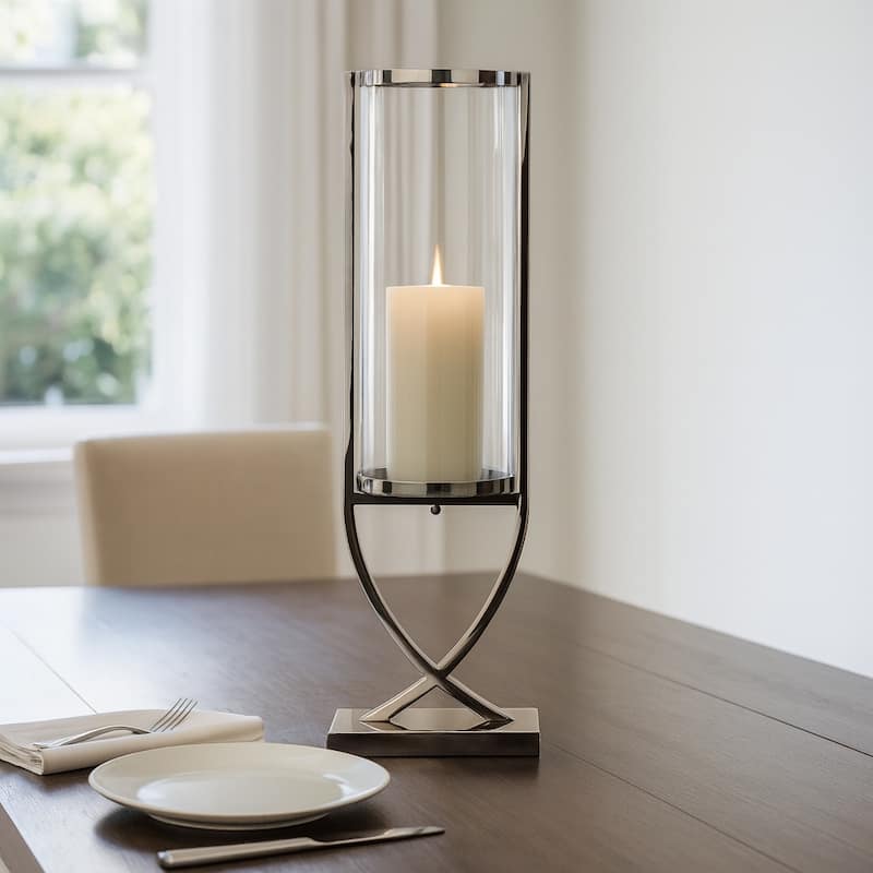 Modern Glass Pillar Candle Holder Decorative Lantern with Steel Frame
