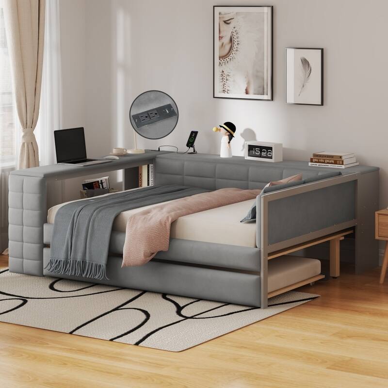 Velvet Full Size Platform Bed with Charging Station and Trundle, Storage Shelves - Grey