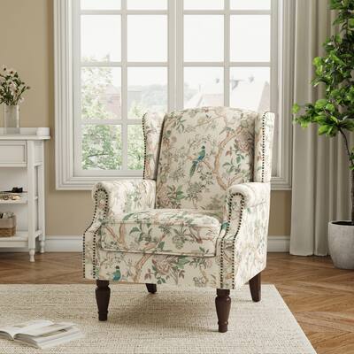 Transitional Floral Wingback Accent Armchair with Nailhead Trim