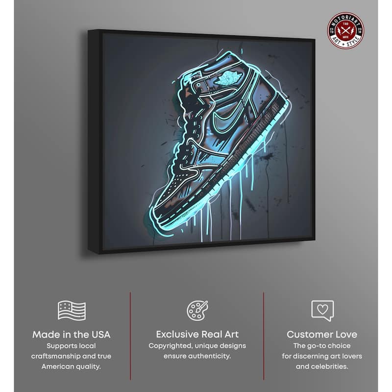 Notoriart Blue Glow Sneaker Framed Sneaker 1 Piece Canvas Wall Art