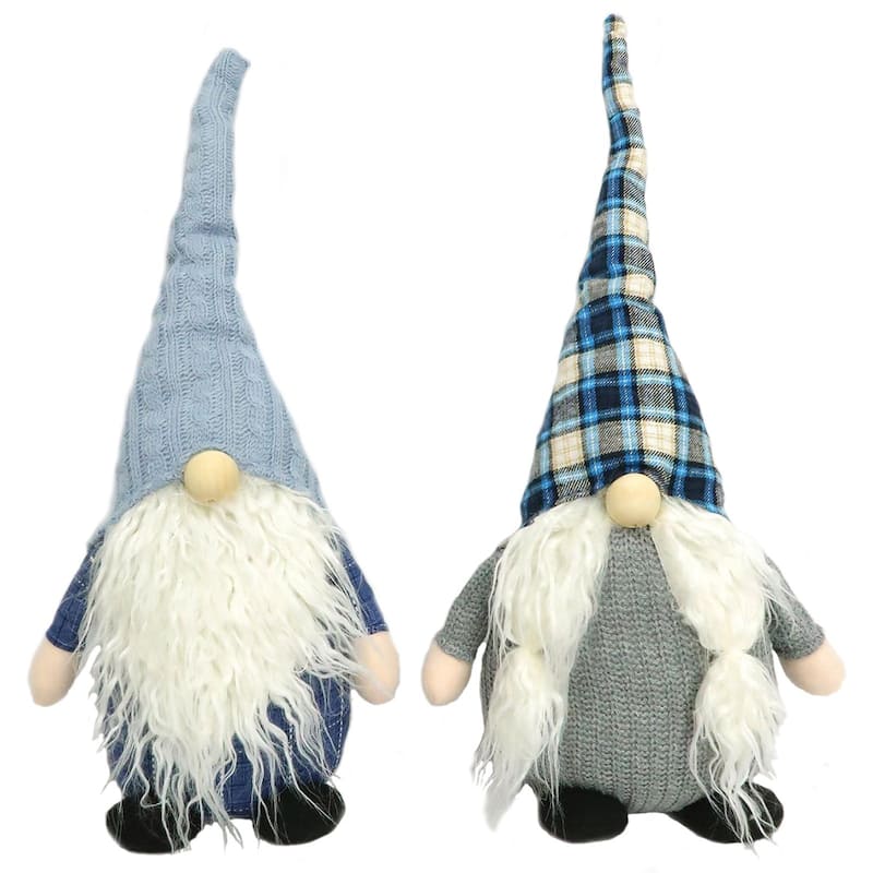 2 Blue & Gray Christmas Country Gnomes Wearing Hats & Sweaters 12"