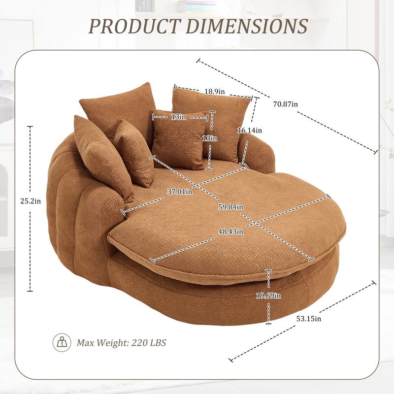 Oversized Oval Upholstered Bean Bag Sofa, Lazy Sofa with 3 Large Pillows and 2 Small Pillows, Wrap Around Backrest