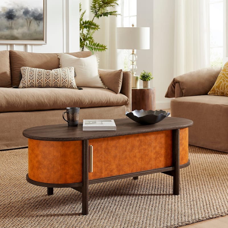 Coralie Curved Vegan Leather Oval Coffee Table - Walnut Tan