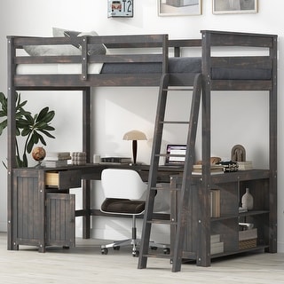 Full Size Loft Bed with U-shaped Desk, Drawers and Storage Shelves