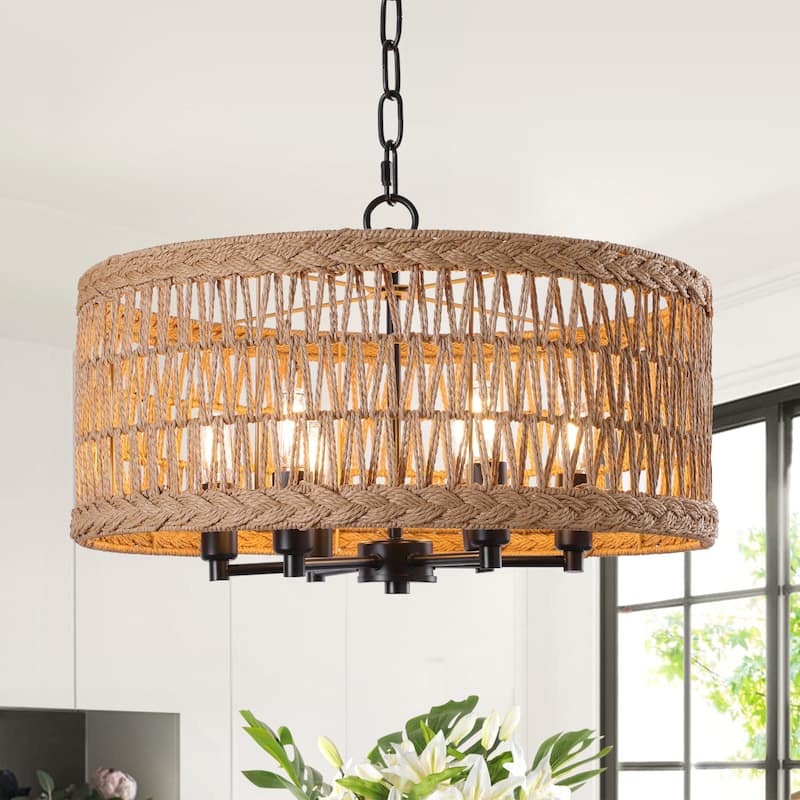6-Light 19.6-inch Rattan Drum Chandelier for Dining Room Kitchen - 19.68"x7.87" - Matte Black