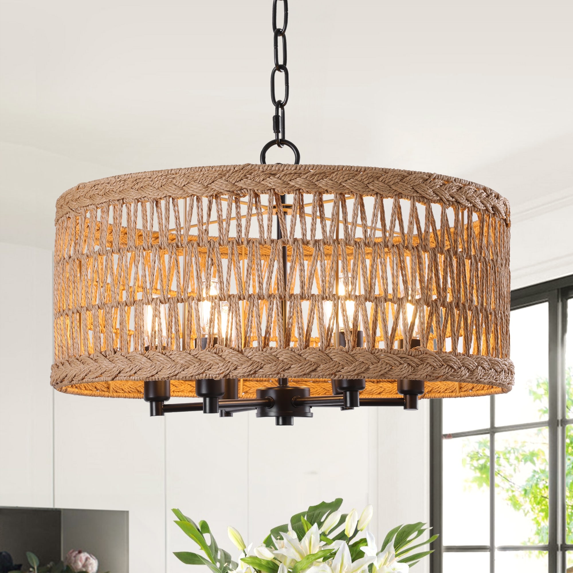 6-Light Rattan Drum Chandelier Hand Woven Pendants for Kitchen - 19.68"x7.87"