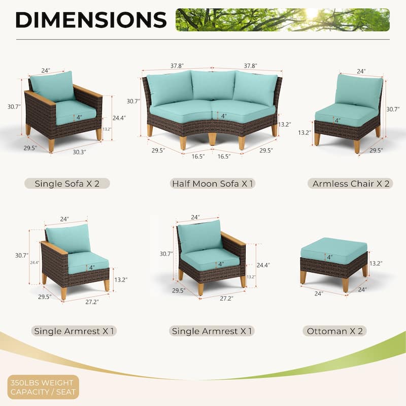 12-Seat Outdoor Wicker Half-Round Furniture Set, Half-Moon Sectional Sofa All Weather Curved Conversation Set