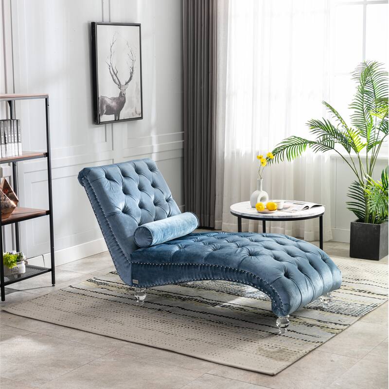 Velvet Tufted Chaise Lounge Accent Living Room Chair - Blue