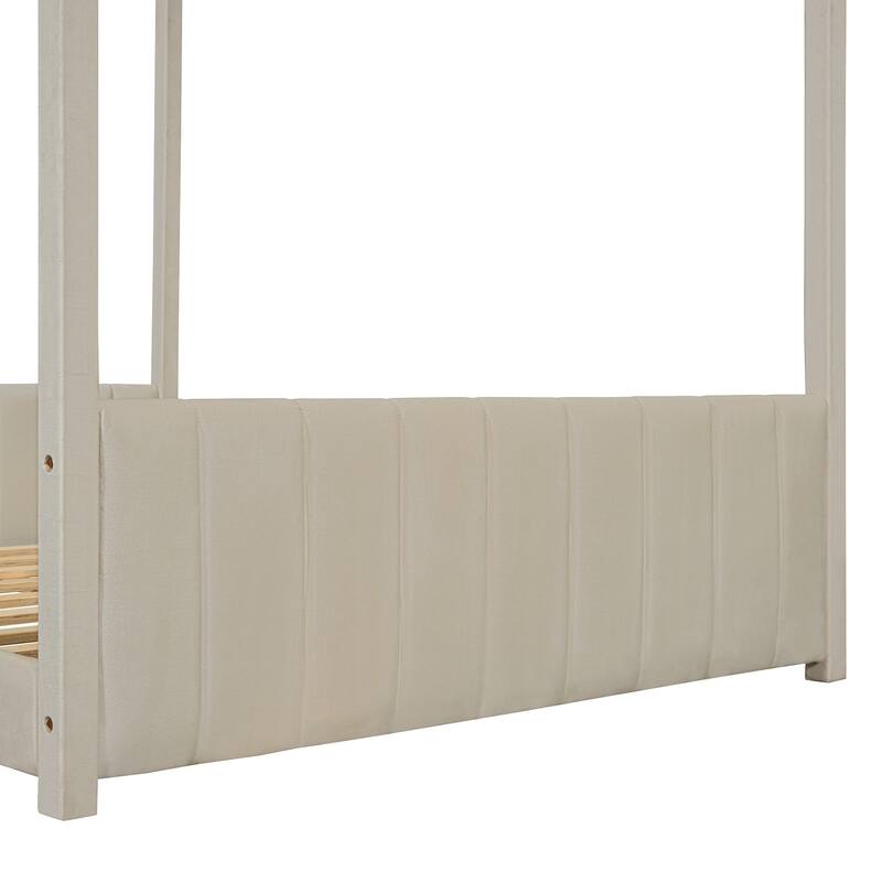 Full Size Modern Canopy Bed with Striped Headboard & Roof Design