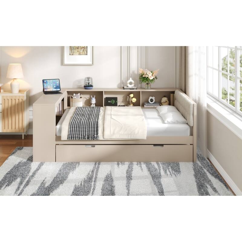 Roomfitters Twin/Full Wood Platform Bed with Trundle, Charging Station and Upholstered Headboard