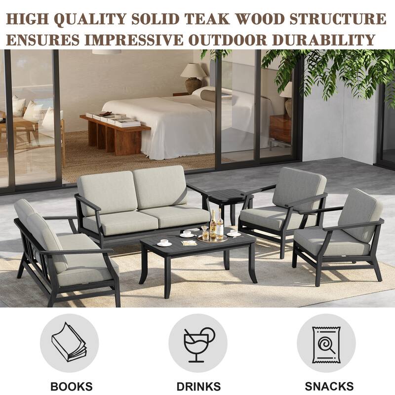6-Seat Outdoor Teak Wood Patio Conversation Set with Cushions Tables