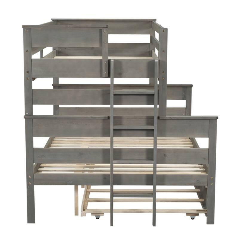 Twin over Full Size Bunk Bed with Twin Size Trundle, Solid Wood Bunk Bedframe with Ladder and Guardrails for Kids