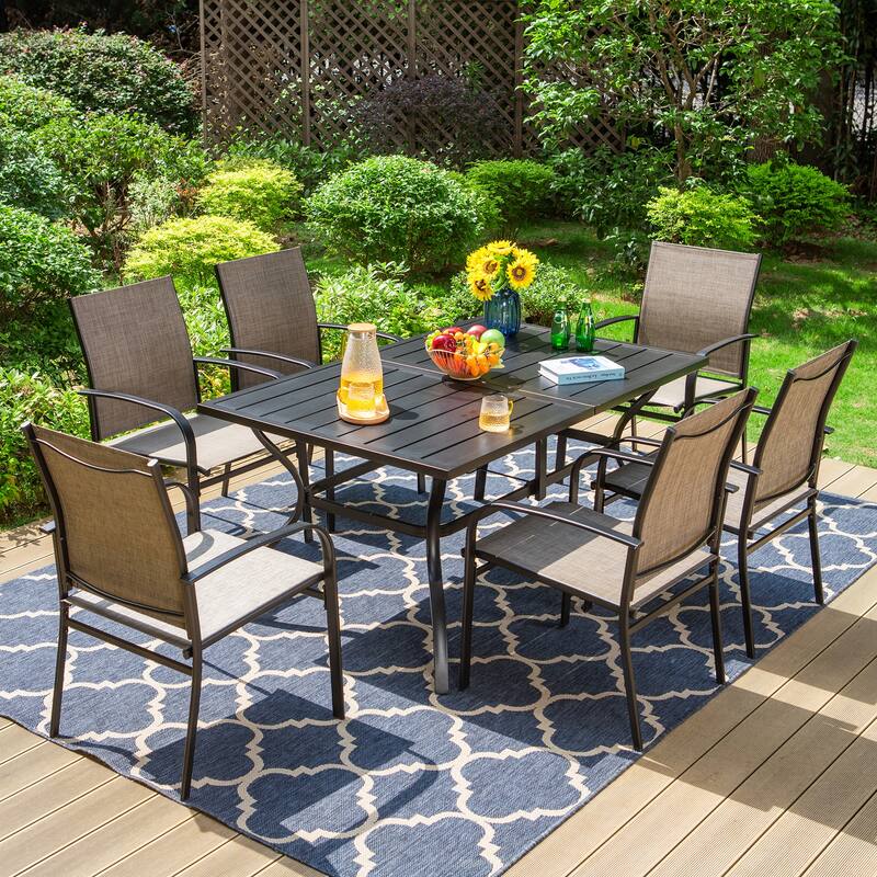 MAISON ARTS 7-Piece Patio Dining Set Metal Rectangle Table and 6 Textilene Dining Chairs