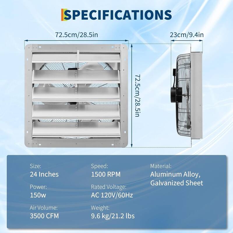 Industrial Wall Mounted Exhaust Fan, Automatic Aluminum Shutters with 5ft Power Cord
