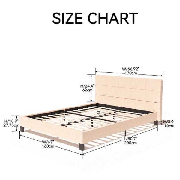 Upholstered Linen Queen Platform Bed - Metal Frame with Tufted Square ...