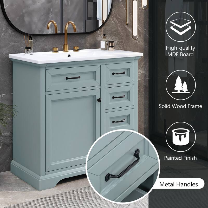 36" Freestanding Bathroom Vanity with Ceramic Sink, Adjustable Shelf, and Soft-Close Doors