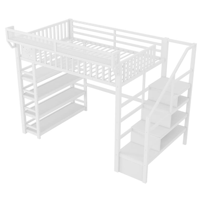 Full Size Metal Loft Bed with Charging Station and 4-Shelf Storage, Kids & Teens Loft Bed with Storage Stairs