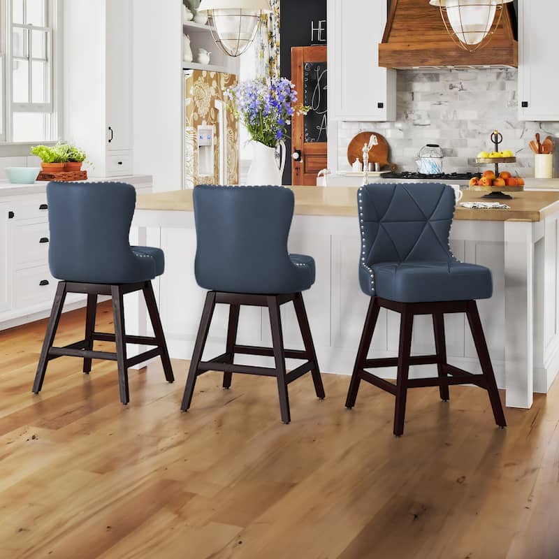 26 in. Mid-Century Modern Faux Leather/Fabric Swivel Bar Stools for Kitchen Island（Set of 3） - 20"W x 20"D x 39"H - Navy Blue