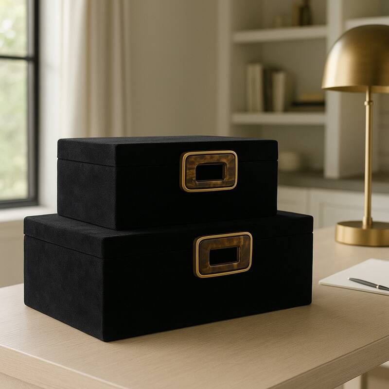 Modern Suede Box with Metallic Detail and Lid - Set of 2, 14", Black - 14.0"