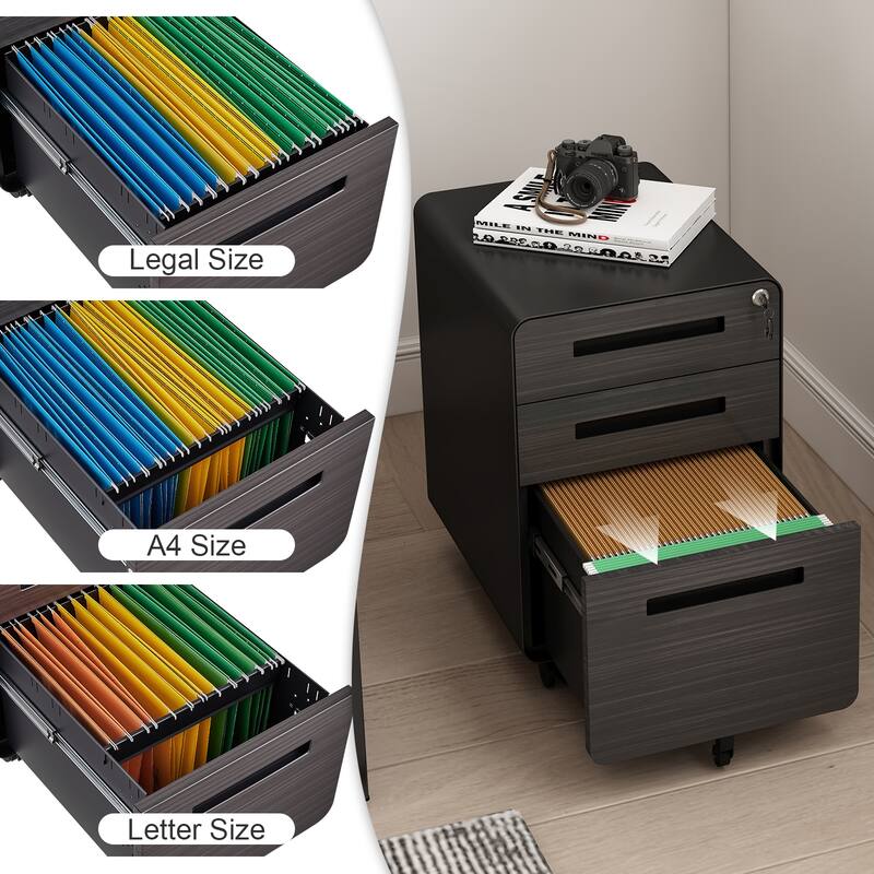 3-Drawer Locking Mobile File Cabinet with Wheels, Metal Home Office Storage Cabinet with Pencil Tray & Hanging Bars