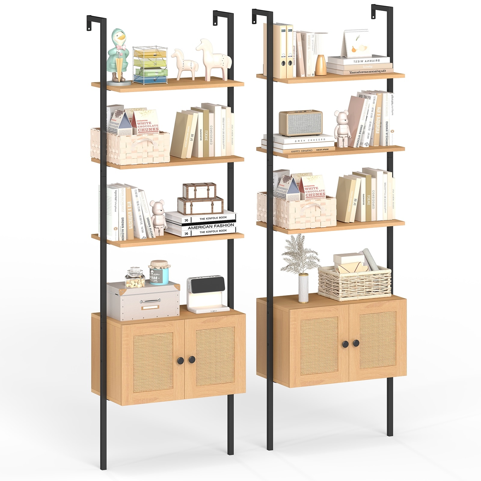 Gymax 2 PCS Wall-Mounted Ladder Shelf 5-tier Bookshelf w/ Rattan-Door