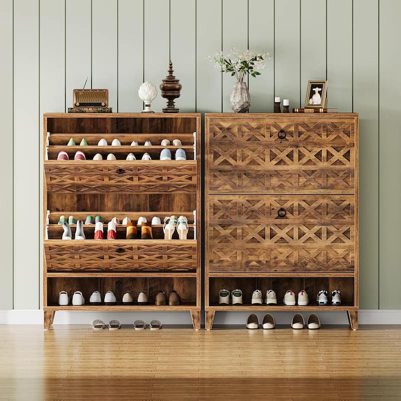 Narrow Hidden Shoe Storage Cabinet with 2 Flip Drawers