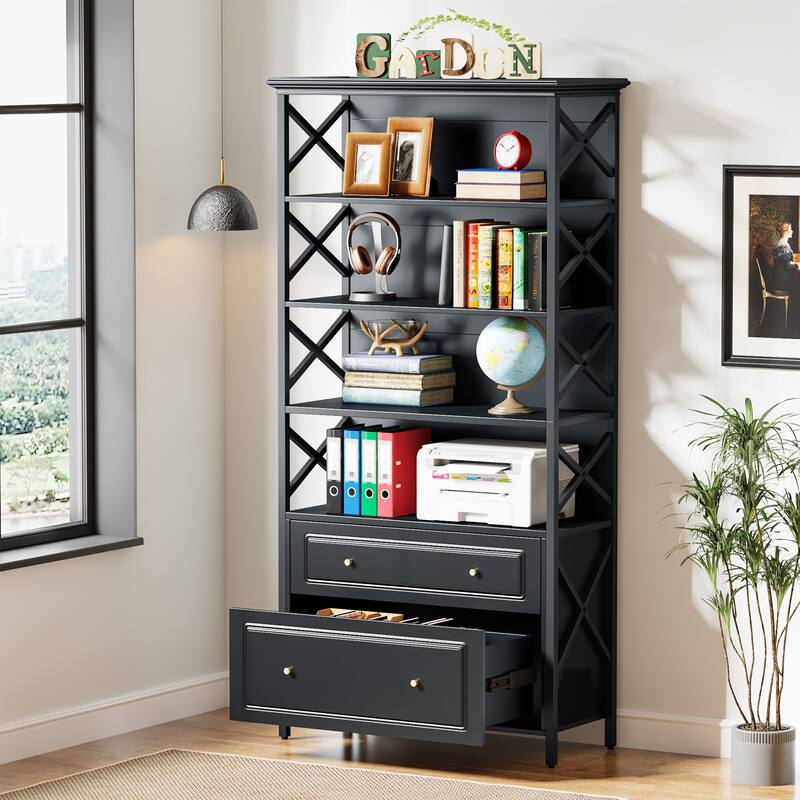 71.65 Inches Tall Bookcase Bookshelf with Drawers and Open Storage Shelves for Home Office - Black