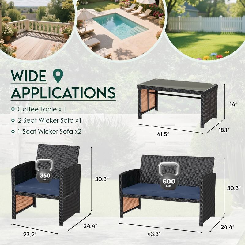 EROMMY 4-Piece Patio Furniture Set with Cushions, Wicker Sofa and Glass Coffee Table, All-Weather PE Rattan Conversation Set