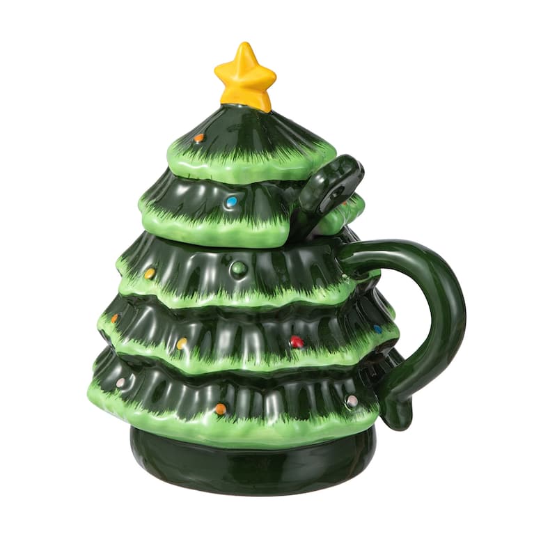 Glitzhome 6.5"H Christmas Ceramic Tree Mug with Lid and Spoon