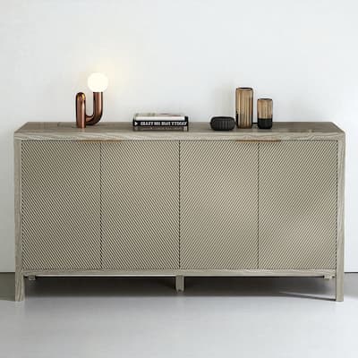 59" Modern Storage Buffet Cabinet with 4 Doors & Adjustable Shelves - MDF & Ash Wood, Champagne Finish