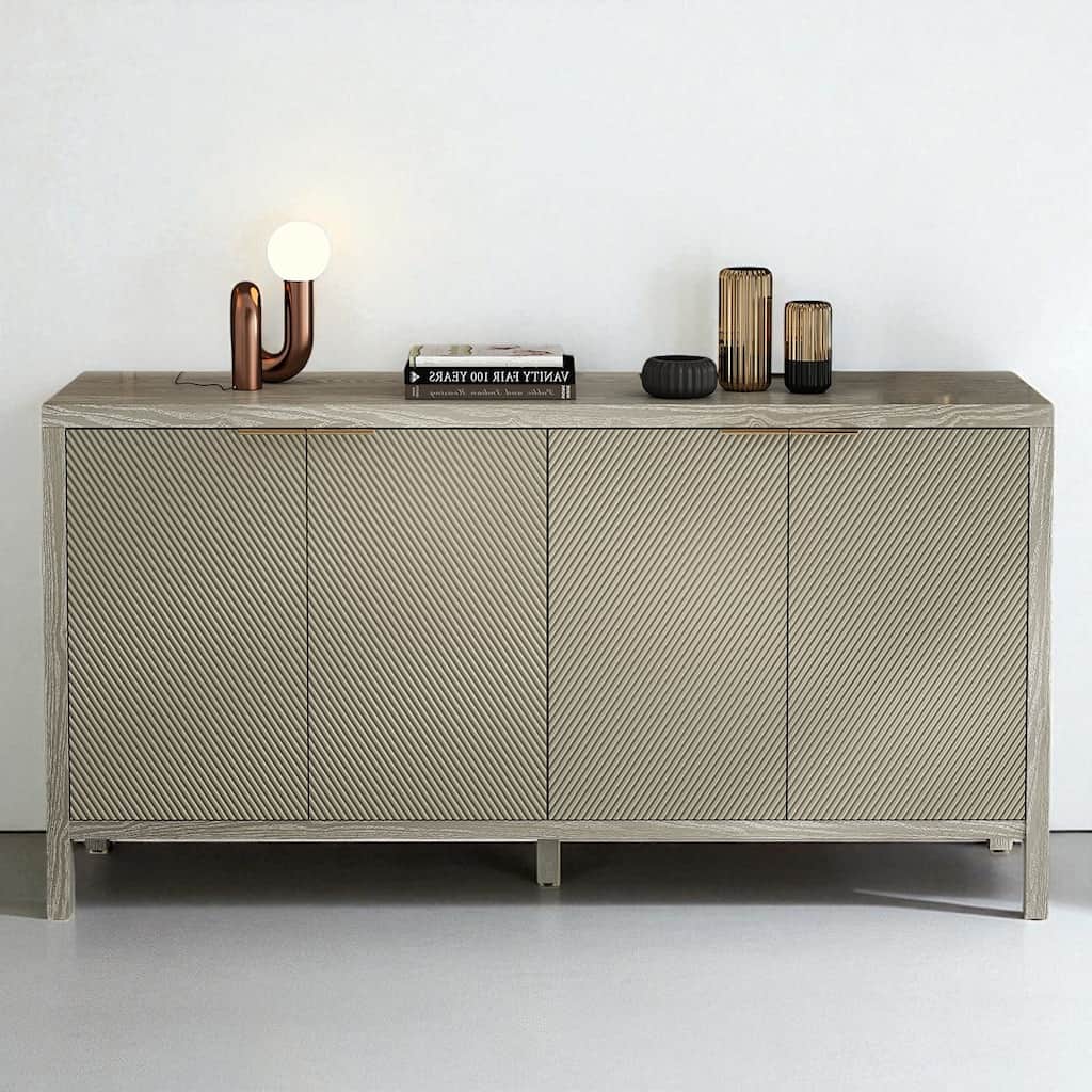 59" Modern Storage Buffet Cabinet with 4 Doors & Adjustable Shelves - MDF & Ash Wood, Champagne Finish