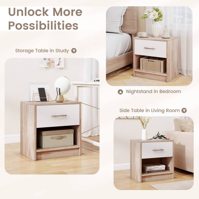 Costway Modern Nightstand Bedside Table with Drawer Open Storage Shelf