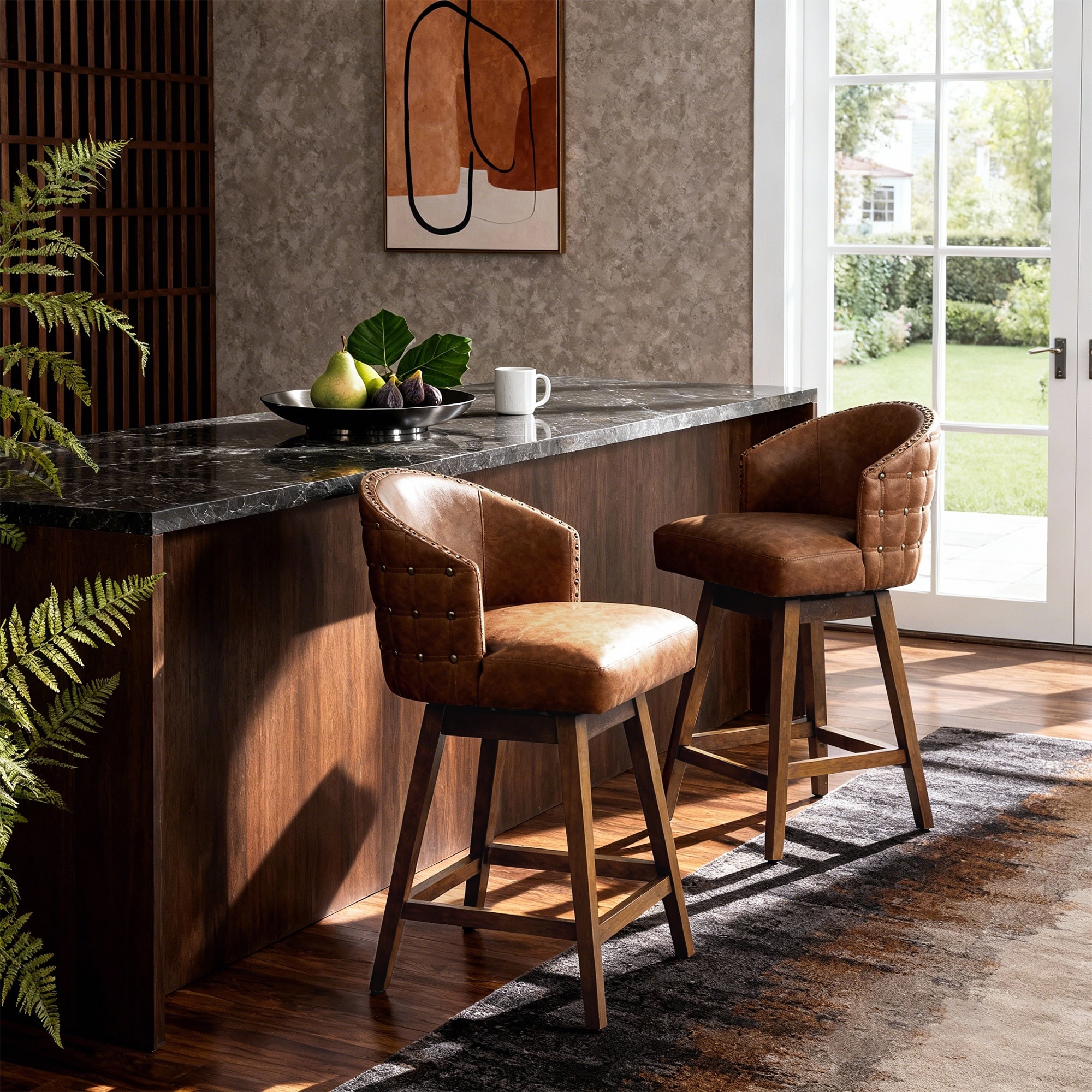 Swivel Wood Bar Stools PU Leather Counter Height Barstools, Set of 2