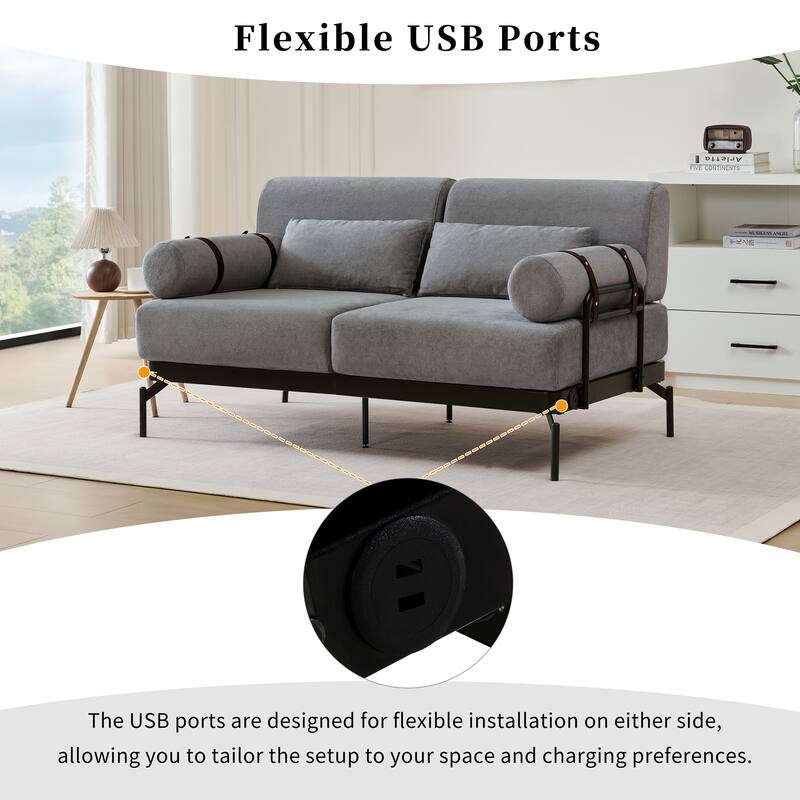 59" Chenille Modern Loveseat Sofa with USB Charging Ports, Cylindrical Armrests, and 440lb Capacity