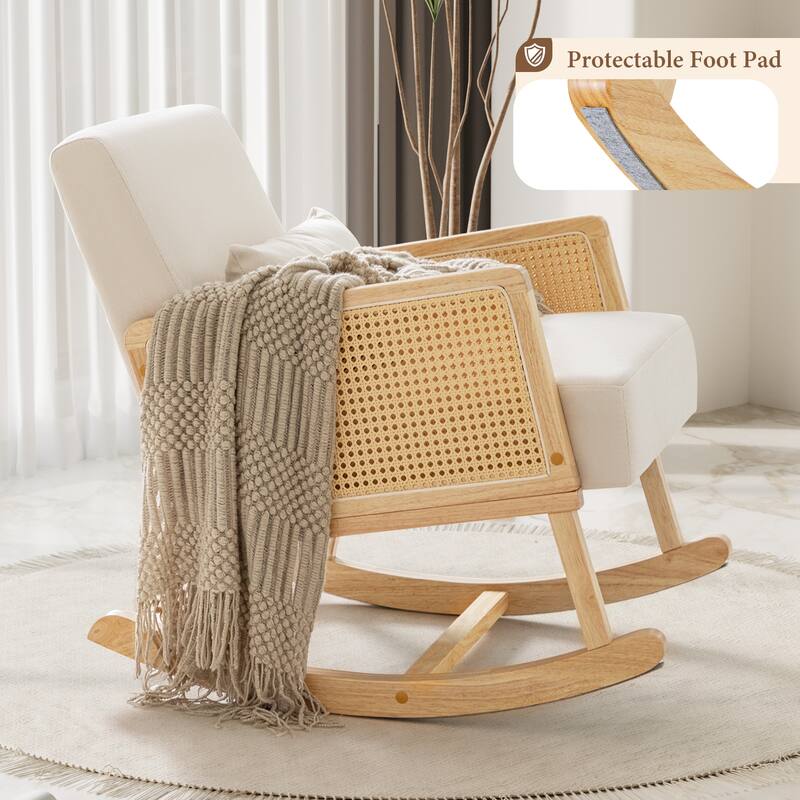 Furniwell Upholstered Living Room Accent Chair with Pillow, Single Sofa with Rattan Wooden Armrests