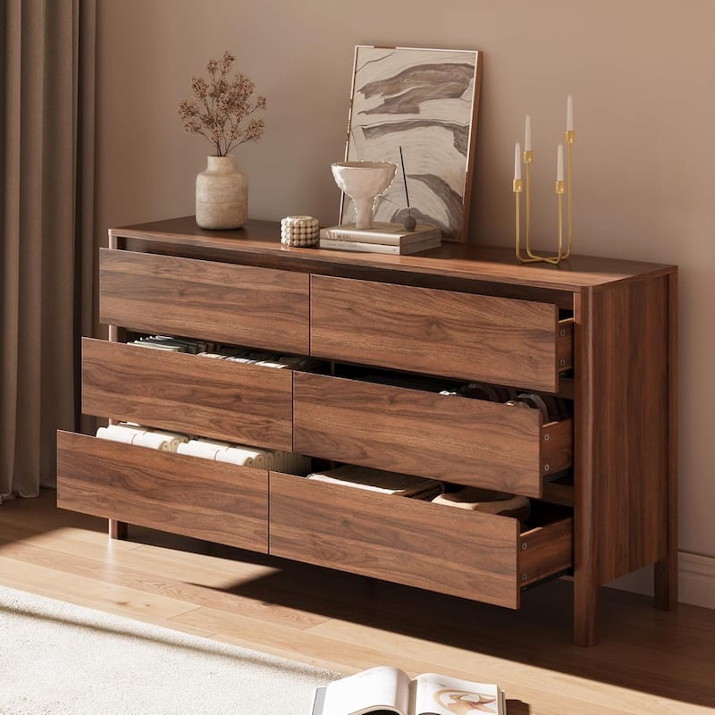 FURNIWAY Walnut Drawer Tall Dresser, Modern Chest with Hidden Handles, Storage Organizer