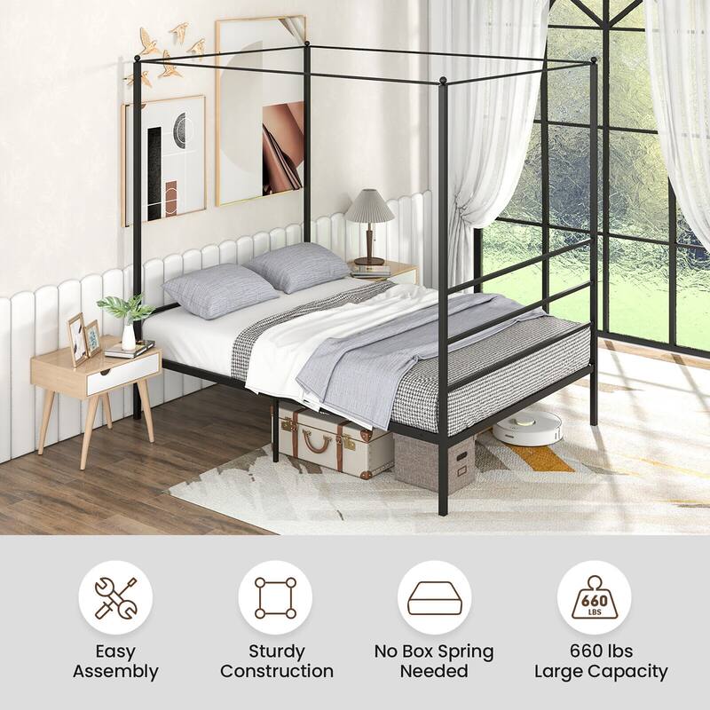 Gymax Twin/Full/Queen Metal Canopy Platform Bed Frame Mattress