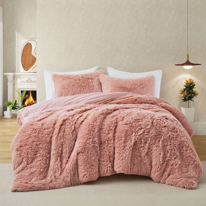 Fluffy Shaggy Reversible Faux Fur Comforter Set, Fuzzy Plush Bedding Set - Pink - Queen