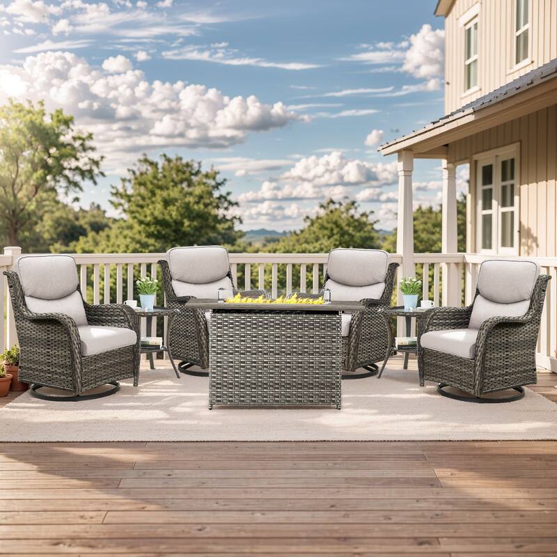 Outdoor Gliders Chairs with Fire Pit Table with 5-Inch Thick Cushions - Grey Rattan - Beige Cushion - 7PCS Swivel Chair Table w/ Rectangular Fire Table