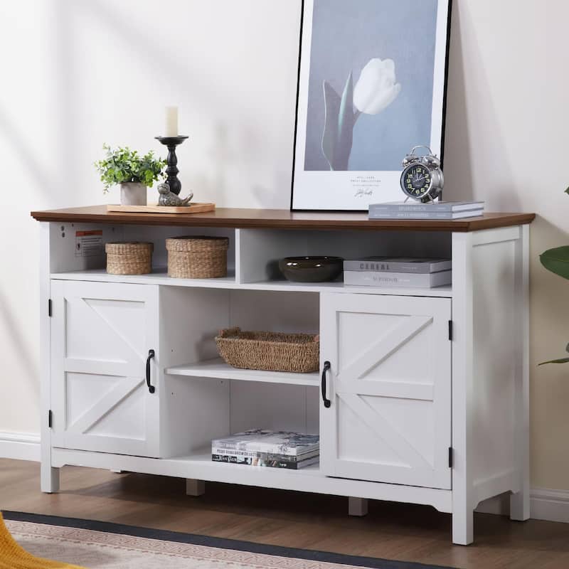 Homy Casa Farmhouse Sideboard Buffet Cabinet, Hinged Barn Doors, White 58'' - White