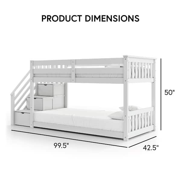 Furniture of America Chalina Modern Pinewood Twin over Twin Low Profile Bunk Bed with 3-Drawer Reversible Storage Staircase