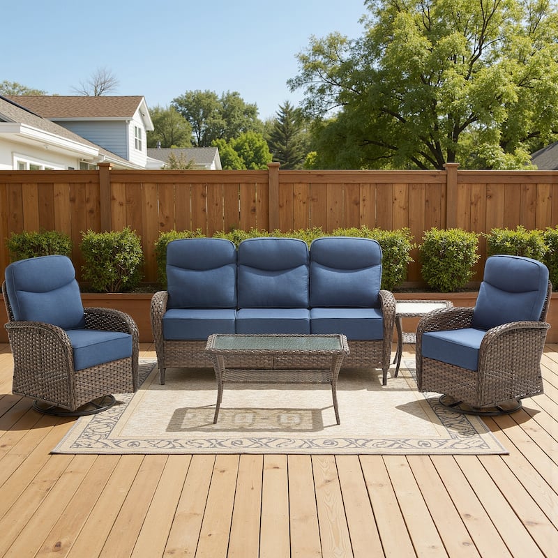Meyreso 5-Piece Wicker Patio Conversation Set with Swivel Gliders and 6-Inch Thick Olefin Cushions - Brown Wicker - Navy Blue Cushions