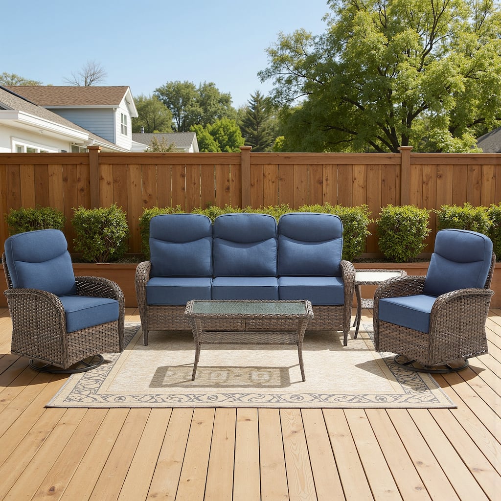Meyreso 5-Piece Wicker Patio Conversation Set with Swivel Gliders and 6-Inch Thick Olefin Cushions