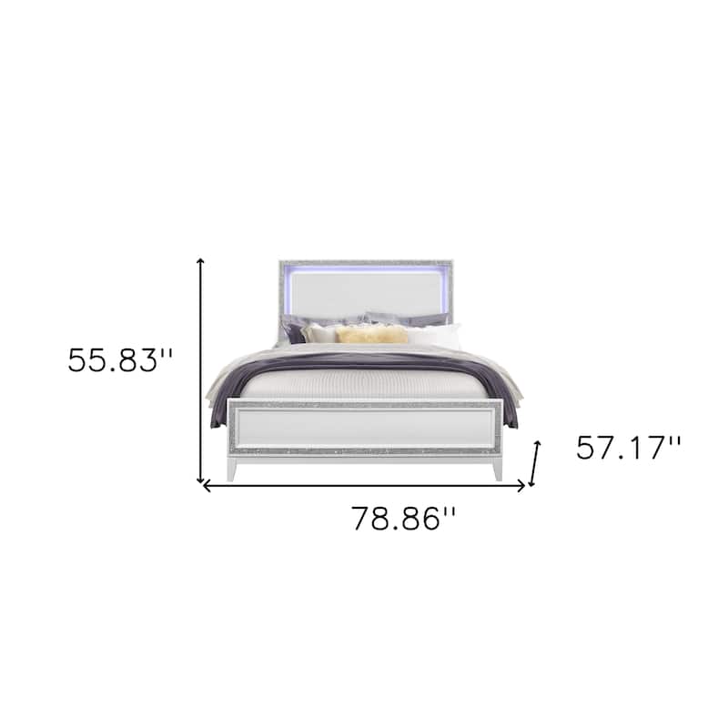 HomeRoots Silver and White Faux Crystal Bling Wood Lighted Full Bed Frame
