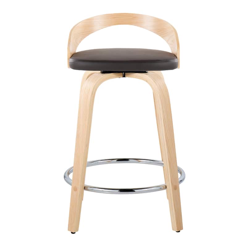 Carson Carrington Stavanger 24" Fixed-Height Counter Stool with Bent Wood Legs & Round Footrest (Set of 2) - Brown PU/Natural Wood/Chrome