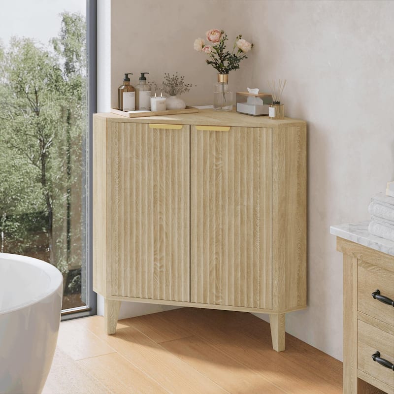 EROMMY Fluted Wood Corner Storage Cabinet with Power Strip, Adjustable Shelf, Small Space Corner Unit