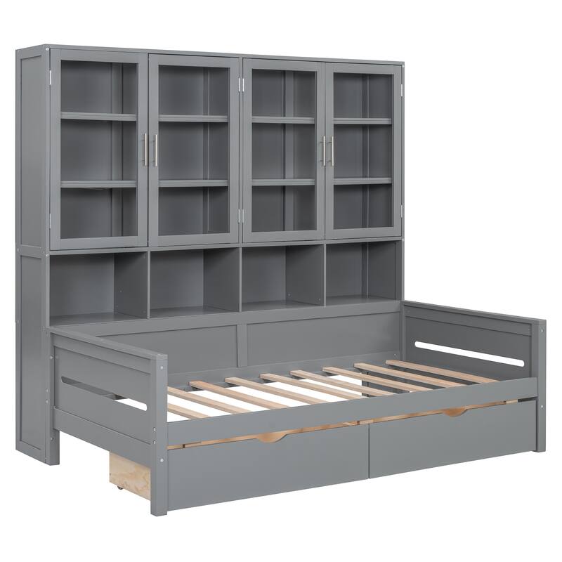 Twin Size Wooden Daybed with Glass-Door Storage, LED Lighting, and Shelves, Gray