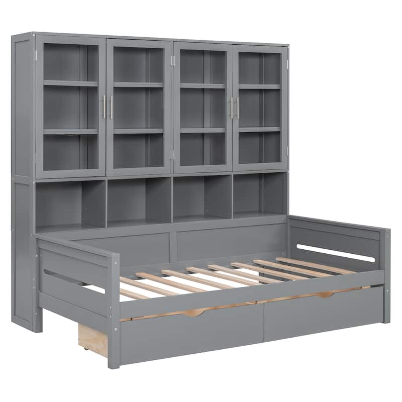 Twin Size Wooden Daybed with Glass-Door Storage Cabinets, Built-in LED Lighting and Shelves