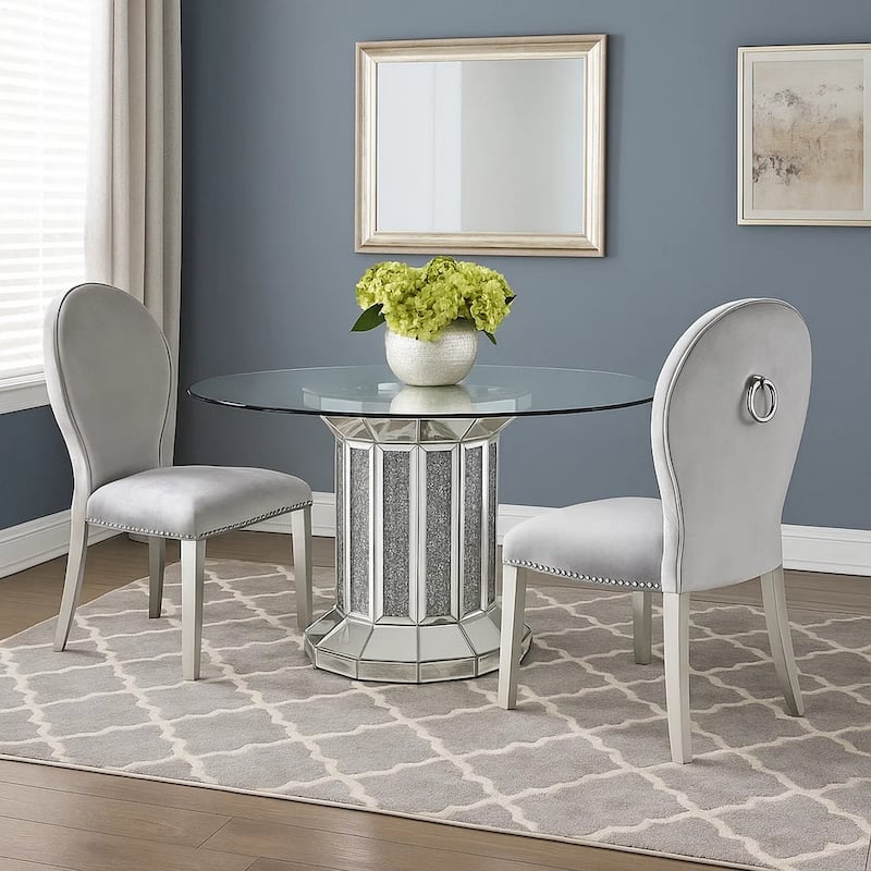 Round Glass Top Dining Table with Cross Oval Base, Silver