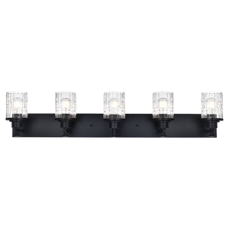 5 Light Bathroom Lighting, Modern Black Vanity Light Fixture Over Mirror, Industrial Fixture with Clear Grid Glass - Black